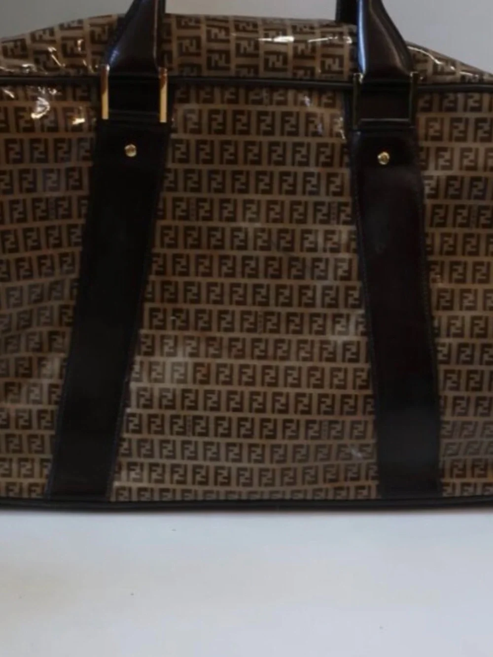 Vintage Authentic FENDI Zucchino Brown Vinyl Monogram Travel Duffel Boston Bag